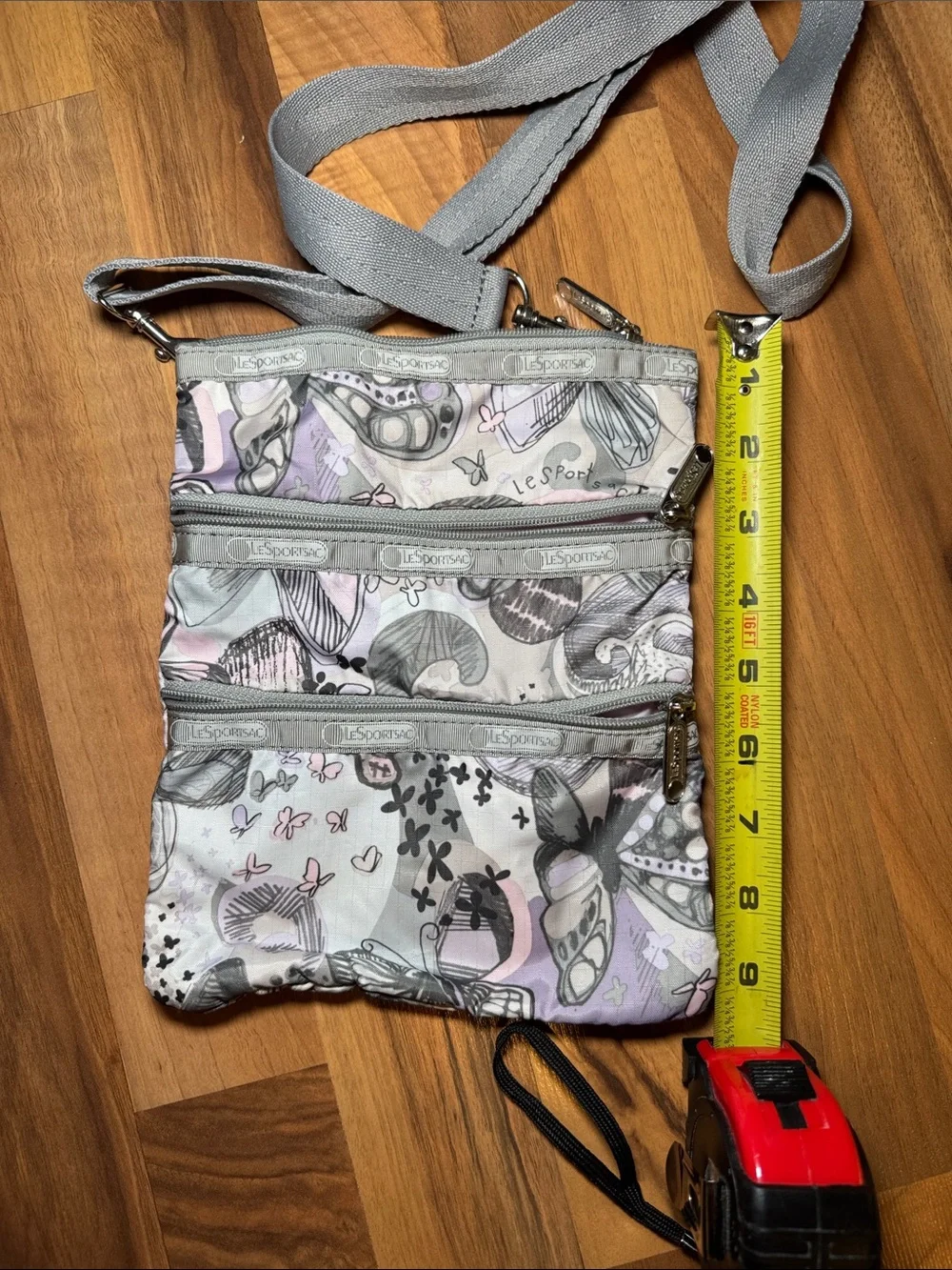 Lesportsac Gray and Lavender Patterned Triple-Zip Crossbody